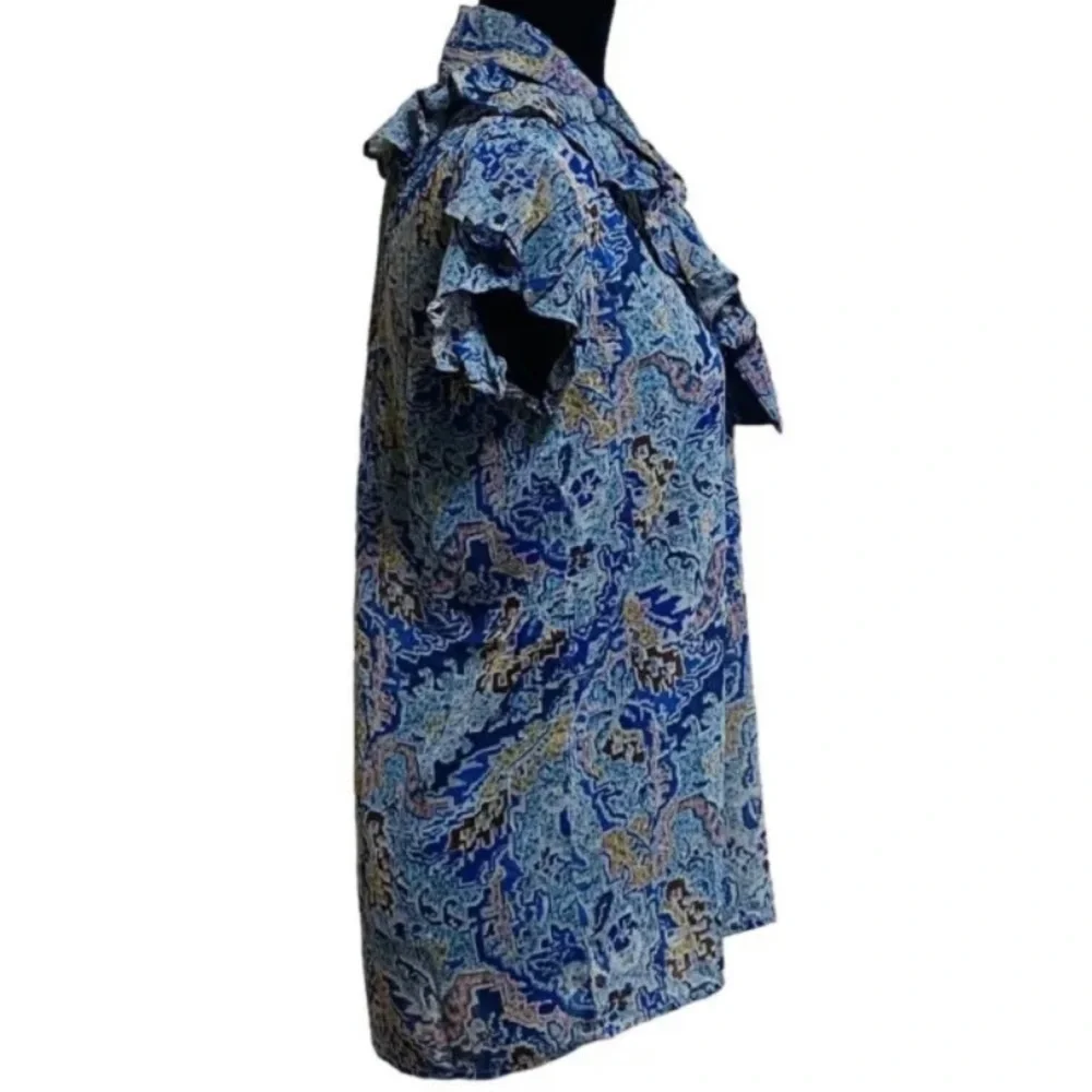 Elan Ava Blue Tapestry Ruffle Sheer Tie Neck Boho Top NWT Size Medium Y2K - Picture 2 of 6